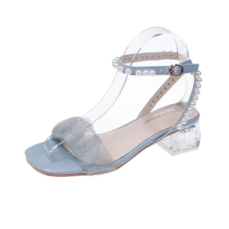 

Summer women sandals slippers 2021 Square Toe Black New Girls Block Rhinestone High Pearl Low Comfort Leather Summer