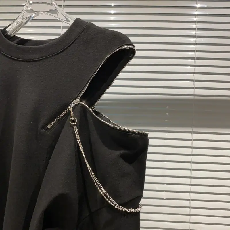 

New Fashion Chain Zipper Shoulder Rhinestone Stitching Round Neck Long Sleeve T-shirt 2020 Autumn Women Sweatshirt Loose Top