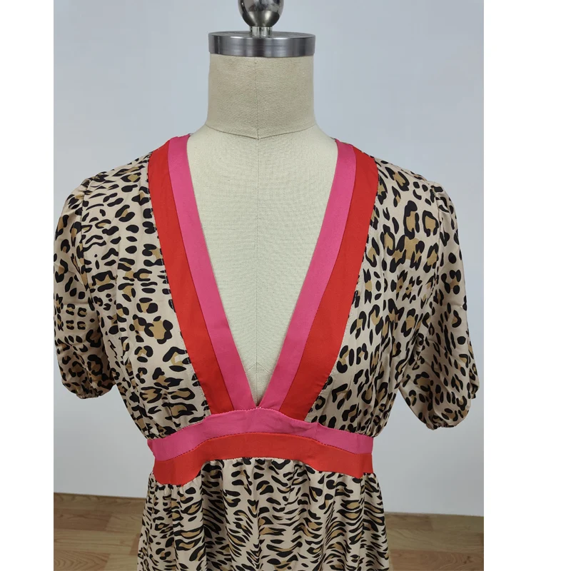 

OIMG Bohemian Leopard Hem Floor Long Maxi Dress Women V Neck Puff Sleeve Patchwork Summer Holiday Beach Loose Dresses 3XL 10383