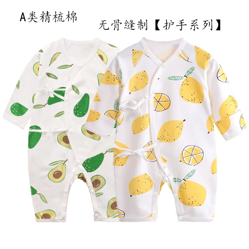 

Newborn Baby Clothes Baby Hand Wrapped Bodysuit Pure Cotton Printed Boneless Lace Up Shirt Spring and Autumn Home Clothes