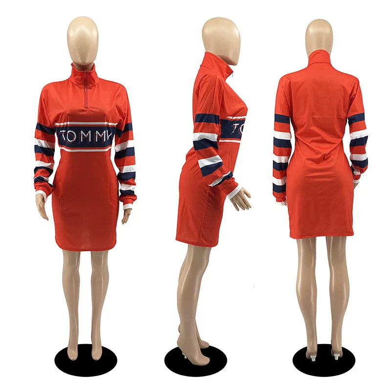 

2021 Spring Ladies Casual Letter Printed Dress Long Sleeve Zipper Tight-fitting Pullover Dress for Women