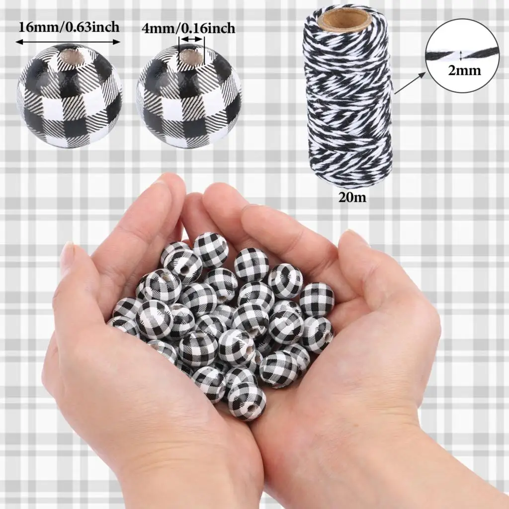 

200 Pc Plaid Wood Beads with 19.7 Yards Black White Rope For Jewelry Making DIY Bracelet Necklace Findings