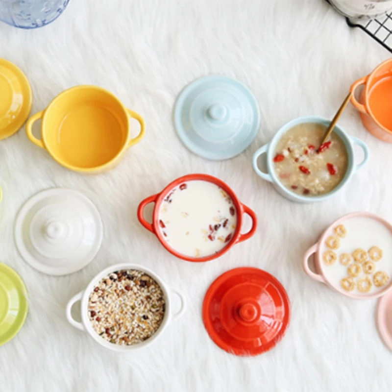 Керамическая пиала для риса столовая посуда с двумя ушами и крышкой чаши супа