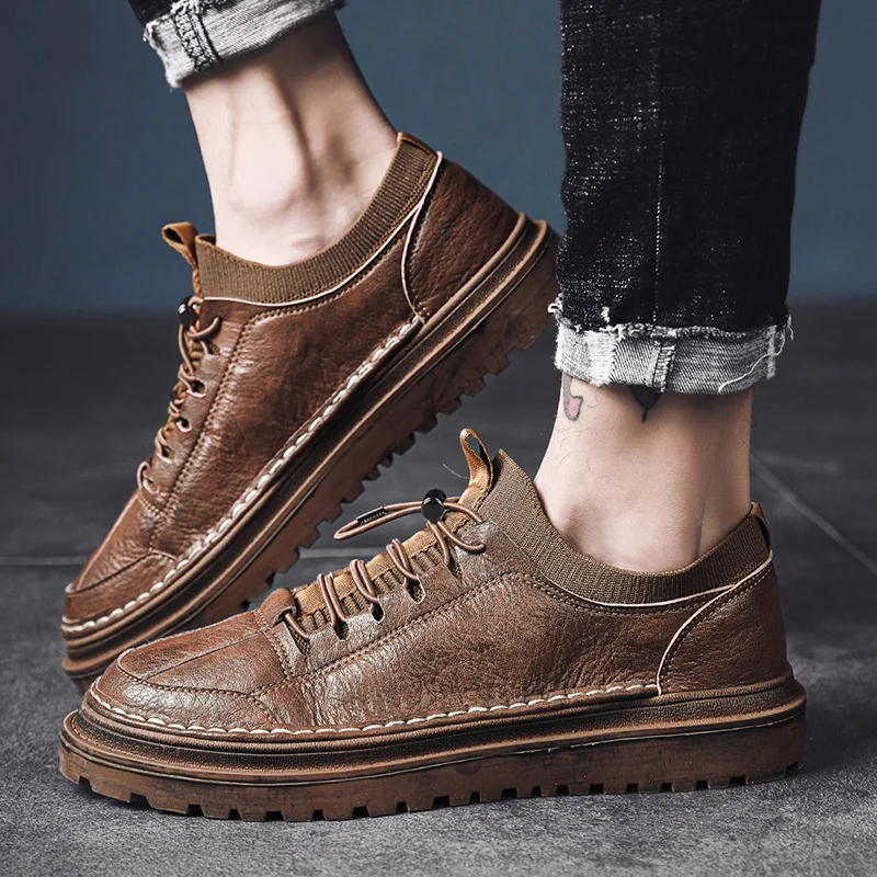 

Leather Men's Shoes Men Loafers Casual Shoes Soft Men Flats Lace-Up Walking Man Footwear Retro Sneakers