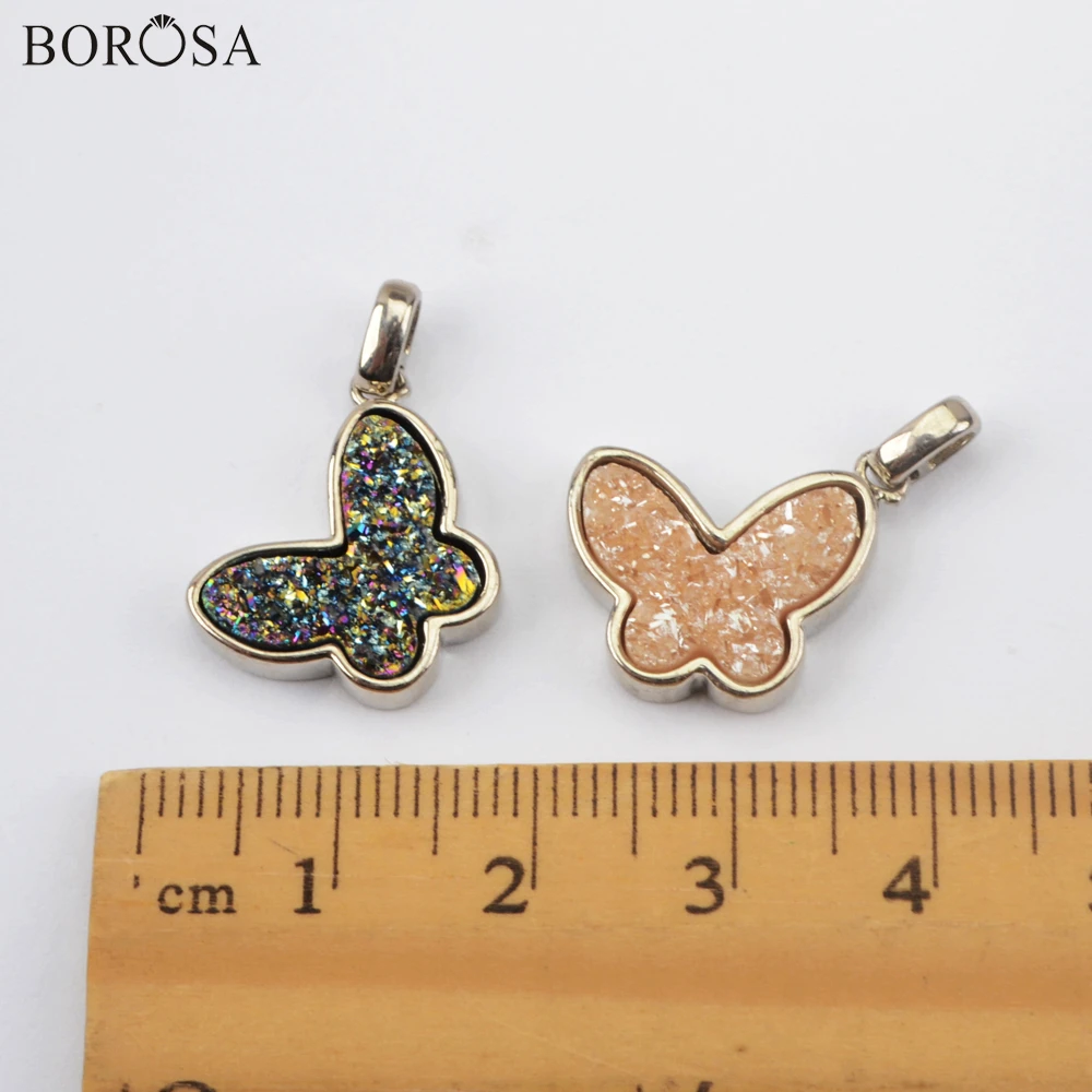 

BOROSA 10Pcs Butterfly Necklaces 16" Silver Color Druzy Pendant Necklaces Rainbow Agates Titanium Druzy Necklace Women WX1366-N