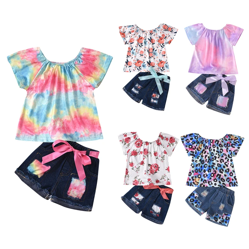 

Tie Dye Girls Clothes Summer Style Baby Girls Clothing Sets Flower Print T-Shirt Ripped Denim Shorts 2Pcs for Kids Clothes 1-4Y