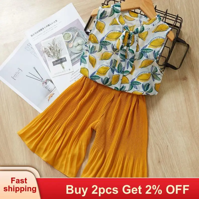 Одежда для девочек летний детский шифоновый костюм модная одежда из 2 предметов