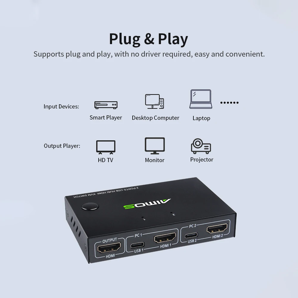 AIMOS AM KVM201CC 2 портовый KVM переключатель с поддержкой порта 4K * 2K @ 30Hz USB сплиттер для