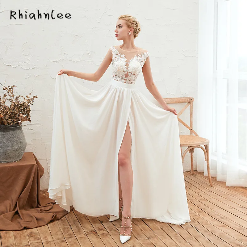 Сексуальные иллюзионные кружевные пляжные свадебные платья с разрезной юбкой