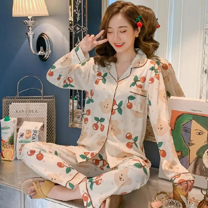 

Fashion Women Loose Lapel Long Sleeve Trousers Cartoon Print Pajamas 2/pce Set