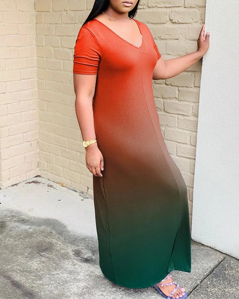 

2021 New Fashion Women's Casual Sexy V-neck Short Sleeve Dress Loose Patchwork Straight Dresses