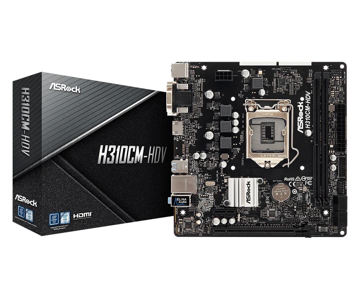

Материнская плата ASRock Technology H310CM-HDV, 1151, H310, поддерживает 8-е поколение, 9-е поколение, 8100, i5-9400f