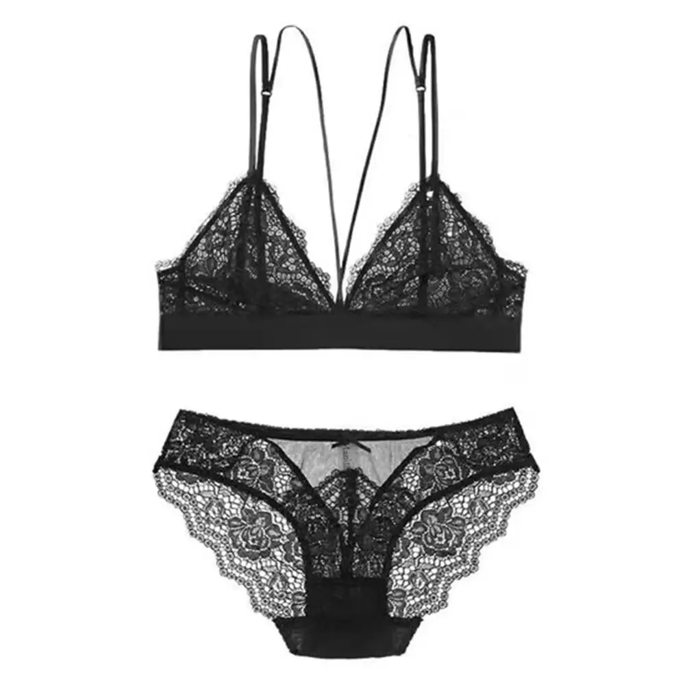 Sexy cross strap lace and no steel ring comfortable underwear ladies bra set black red green