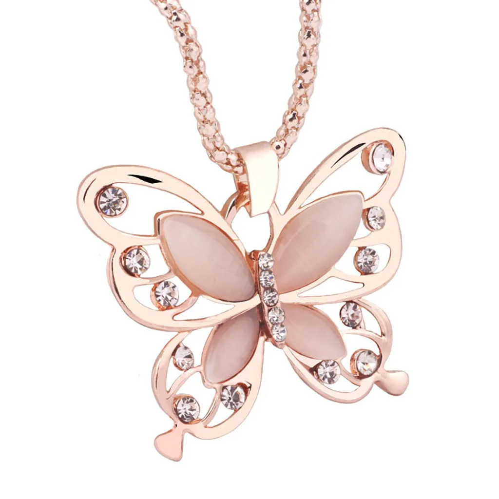 

New Fashion Women Lady Necklace Choker Pendent Rose Gold Opal Butterfly Pendant Exquisite Necklace Sweater Chain