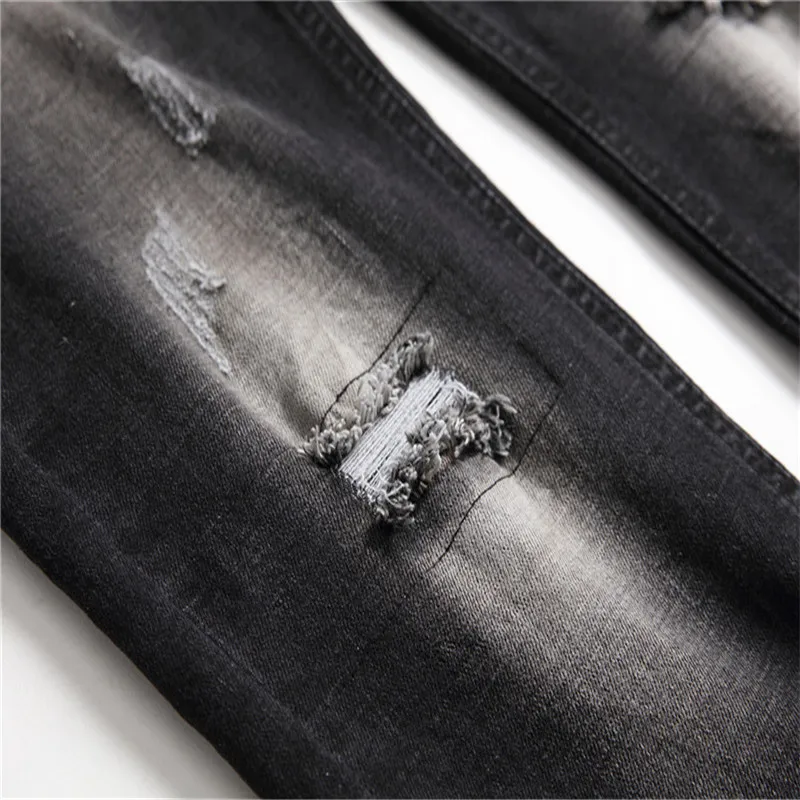 Men's Large Size Broken Hole Straight Tube Slim Casual Fashion Joker Micro-Elastic Trend Middle Waist Jeans Pants