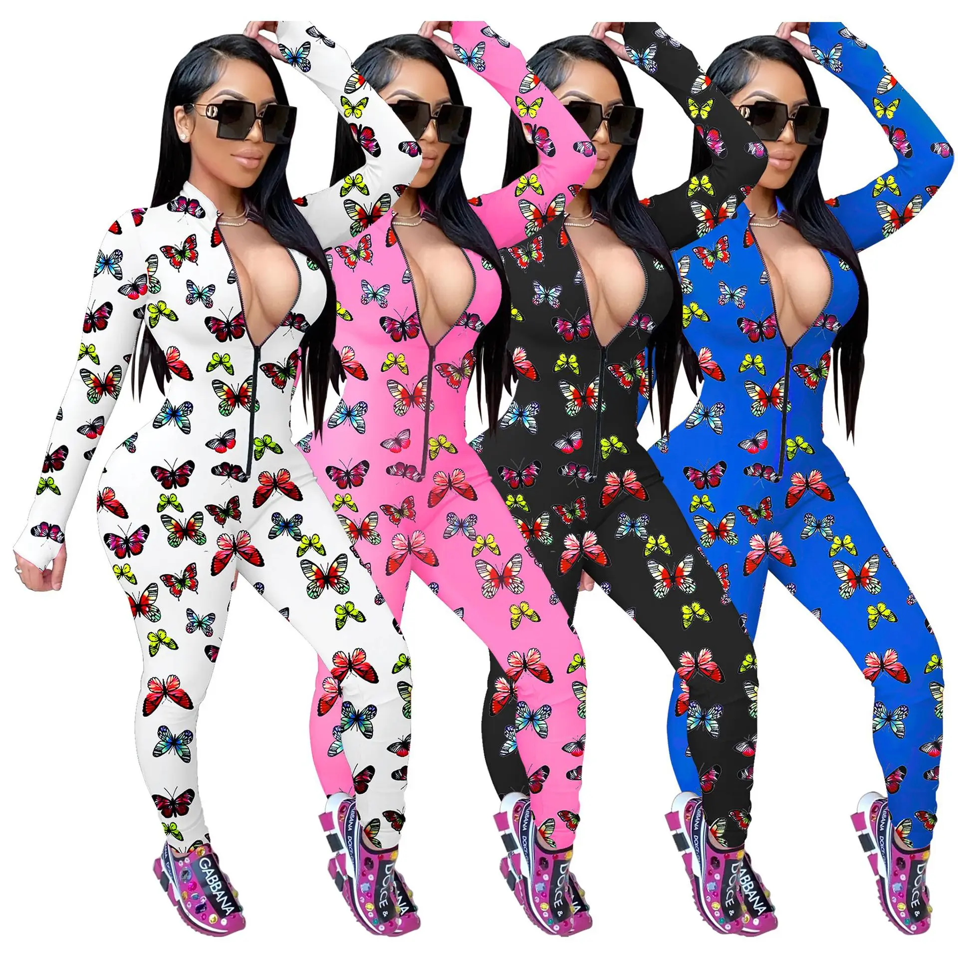 

Women's Butterfly Romper, Long-Sleeved Jumpsuit, Zipper V-Neck Tight Elastic Home Gym Pants