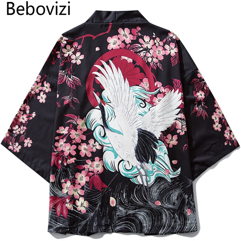 Bebovisi японский Ukiyoe Вишневый кран куртки типа кимоно мужские Harajuku уличная одежда