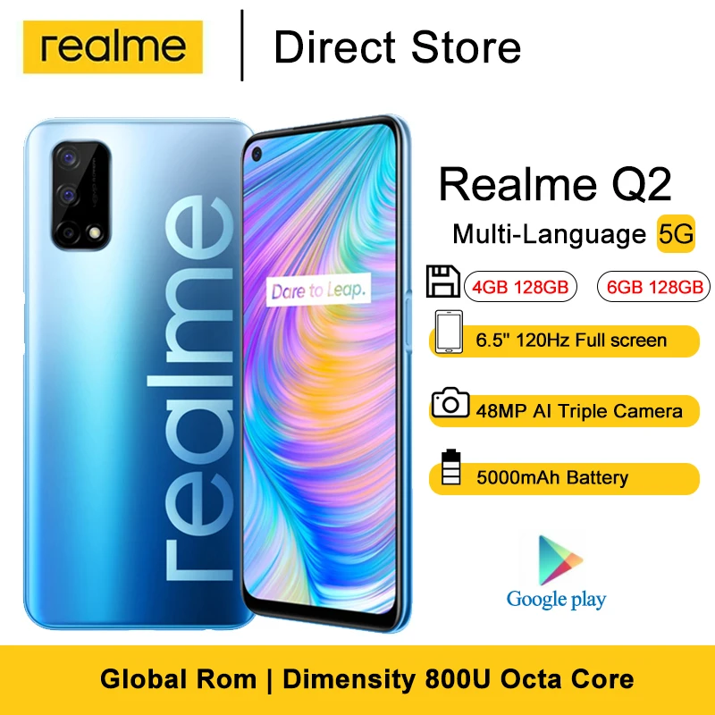 Realme Q2 5G мобильный телефон 6 5 &quotFHD + безрамочный экран MTK Dimensity 800U Octa Core 48MP тройной