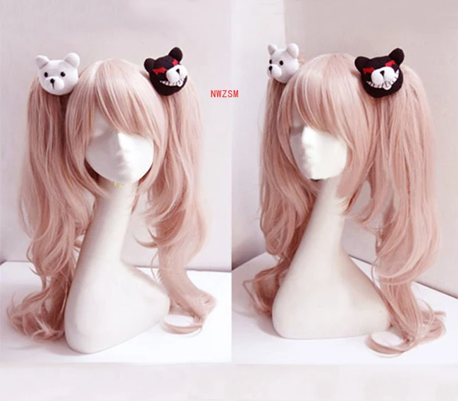 

Dangan Ronpa Danganronpa Enoshima Junko Cosplay Wig Pink Long Wavy With Ponytail Clip Heat Resistant Cosplay Wig + Bear Hairpins