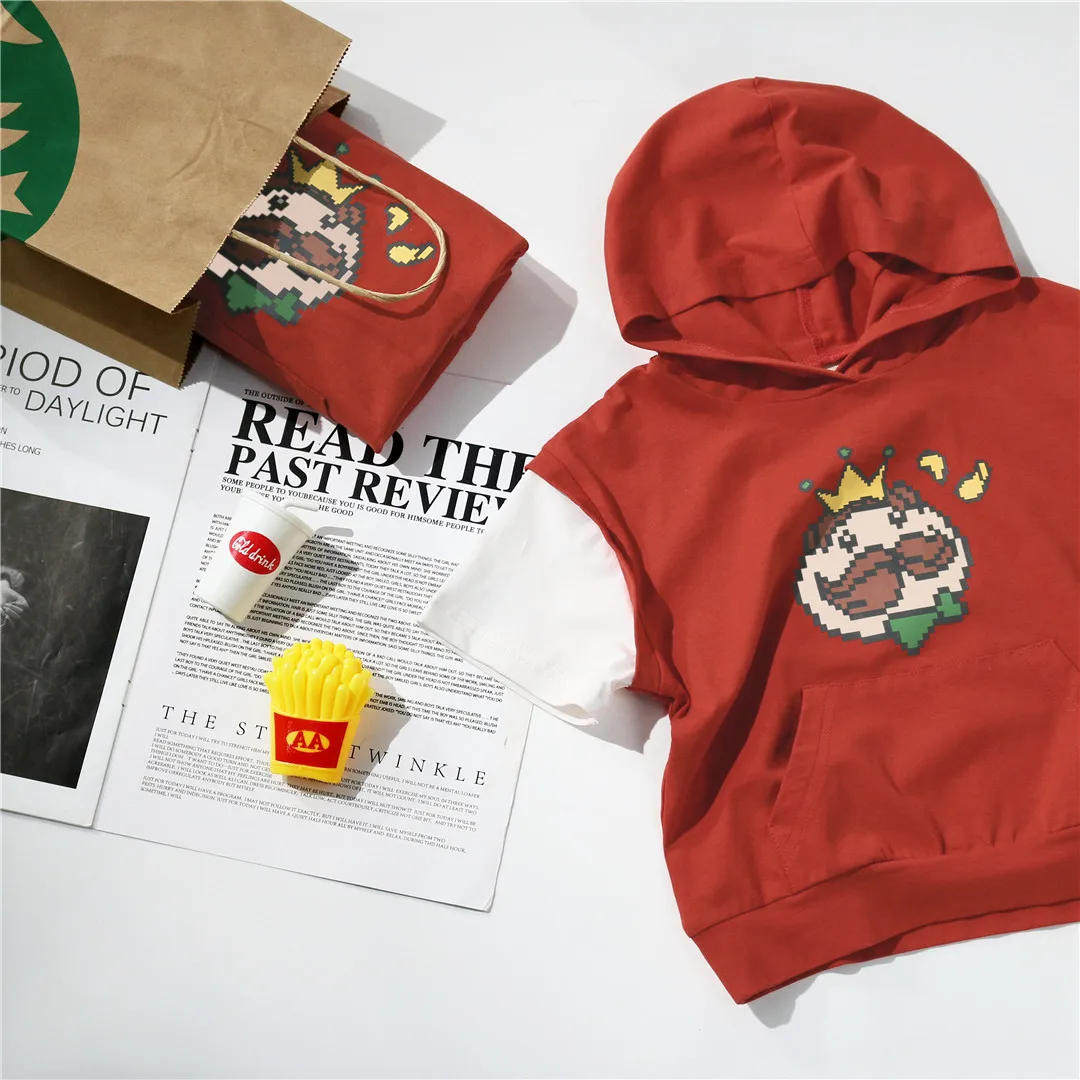 Tonytaobaby летние новые корейские футболки с капюшоном и принтом из двух частей топы