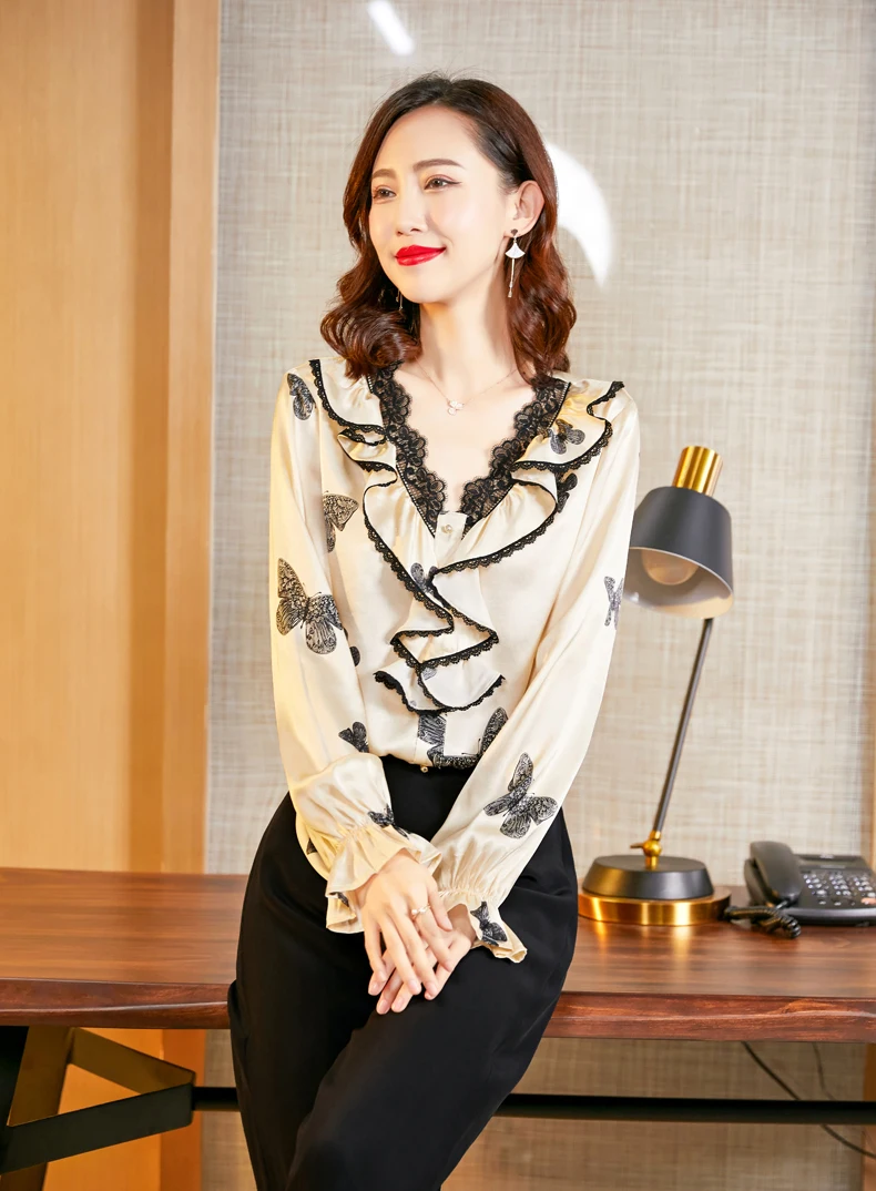 

100% Silk Women's Shirt Ruffles Printed Lace Patchwork Elegant Pullover Blouse Camisa Tops