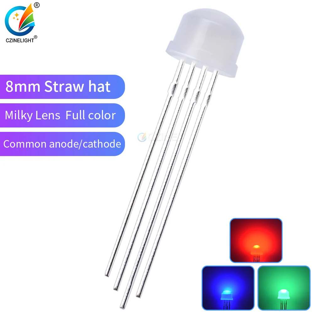 500pcs/bag Czinelight Wholesale Milky Lens 4pin 8mm Straw Hat Full Color Rgb Led Emitting Diode