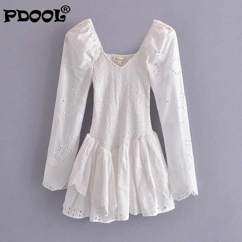 

Женское ажурное платье с цветочной вышивкой, белое короткое платье с V-образным вырезом и длинным рукавом для рождественской вечеринки