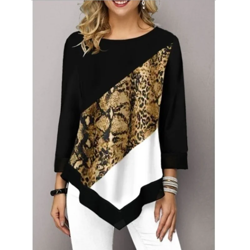 

Floral Print Round Neck 3/4 Sleeves Blouses Casual Irregular Hem Female Fashion Shirt Plus Size Tops AT0062
