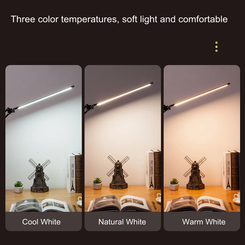 New LED Folding Metal Desk Lamp Clip on Light Clamp Long Arm Dimming Table 3 Colors For Living Room Reading Office Computer | Освещение