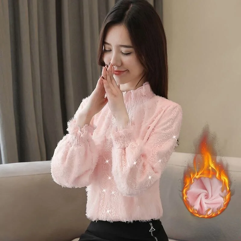 

Women Blouse Blusas Mujer De Moda 2022 Pleuche Shirt Puff Sleeve Plus Velvet Thicked Blouses Women Lace Up Black Blouse Top