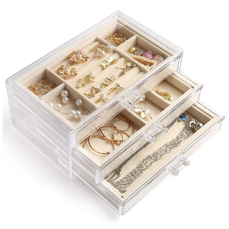 

Шкатулка для ювелирных изделий Женская, акриловый бархатный бокс с 3 ящиками, демонстрационная Подставка для хранения колец, ожерелий