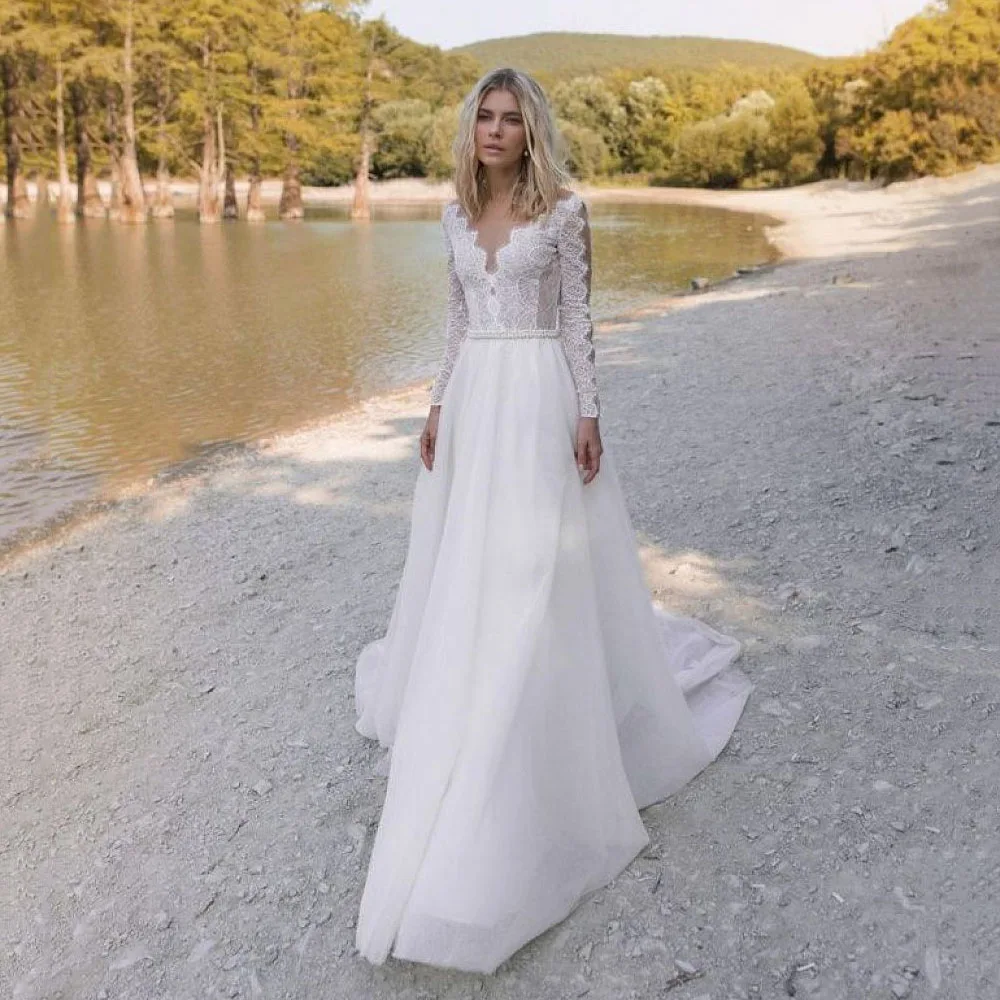 

Charming Boho Wedding Dress Appliques Lace Tulle Bridal Gown With Pearls Sash Beach Bridal Gowns Sweep Train Illusion Back 2021
