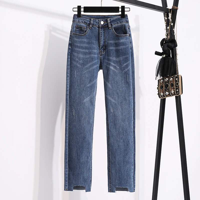 Women's High Waist Jeans Fashion Plus Size Spring and Autumn Blue Slim Irregular Cropped Trousers Elastic Straight Long Pants