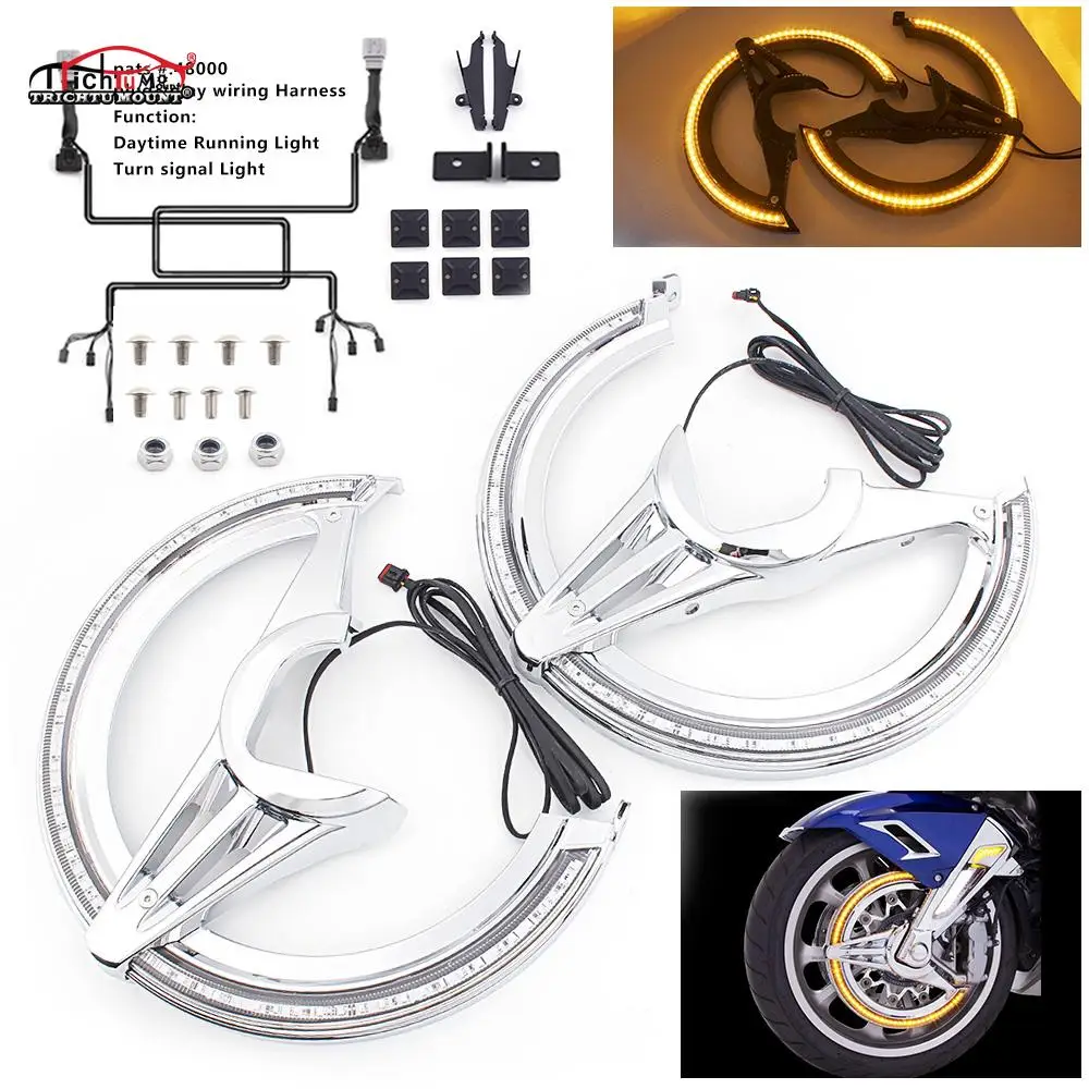 

Motorcycle Brake Disc Rotors Covers With LED Turn Signals Light Chrome For Honda GL1800 F6B Goldwing 1800 2018 2019 2020-2022
