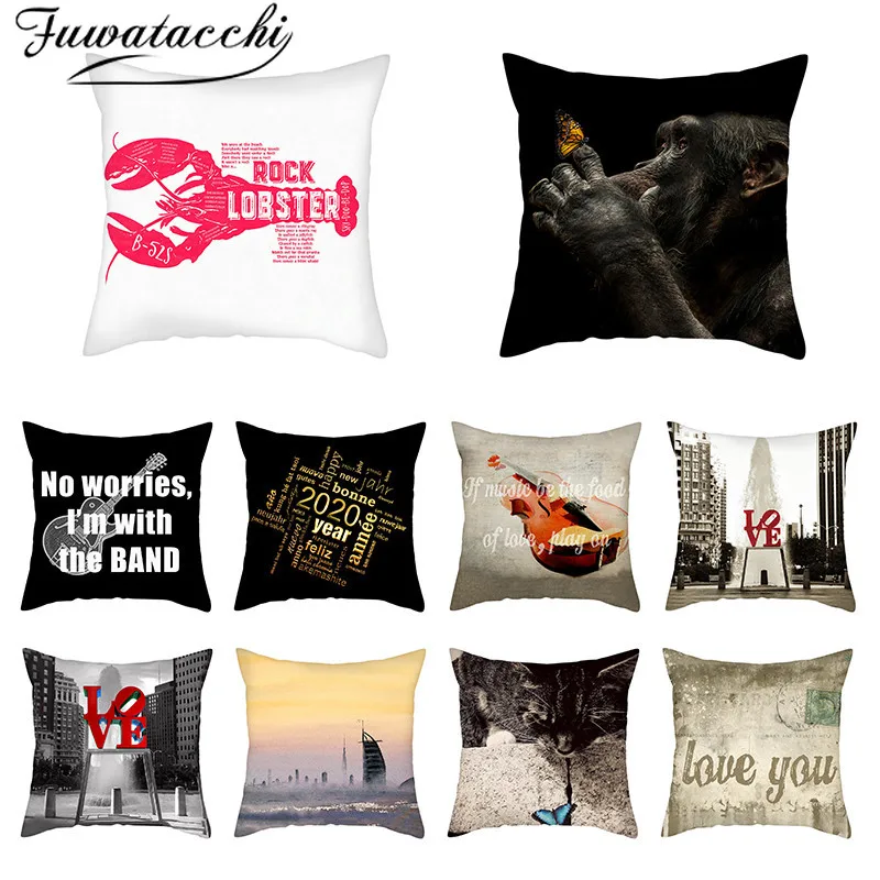 

Fuwatacchi Crab Orangutan Photo Cushion Cover 2020 Letters Printed Pillow Cover for Home Chair Sofa Decorative Black Pillowcases