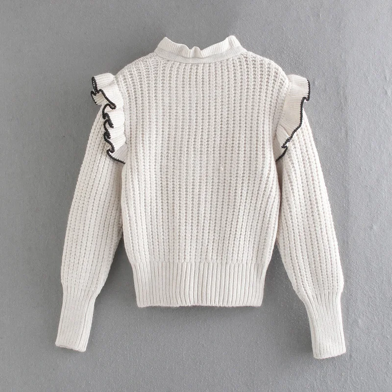 

Women 2021 Fashion Ruffled Cropped Knitted Sweater Vintage Low Neck Long Sleeve Female Soft Pullovers Chic Tops