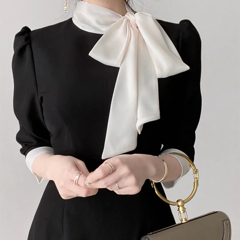 

Korean Dress 2021 Spring Bowed Slim Office Lady Mini Dresses Elegant A-line High Waist Pullover Casual Women's Dress Vintage