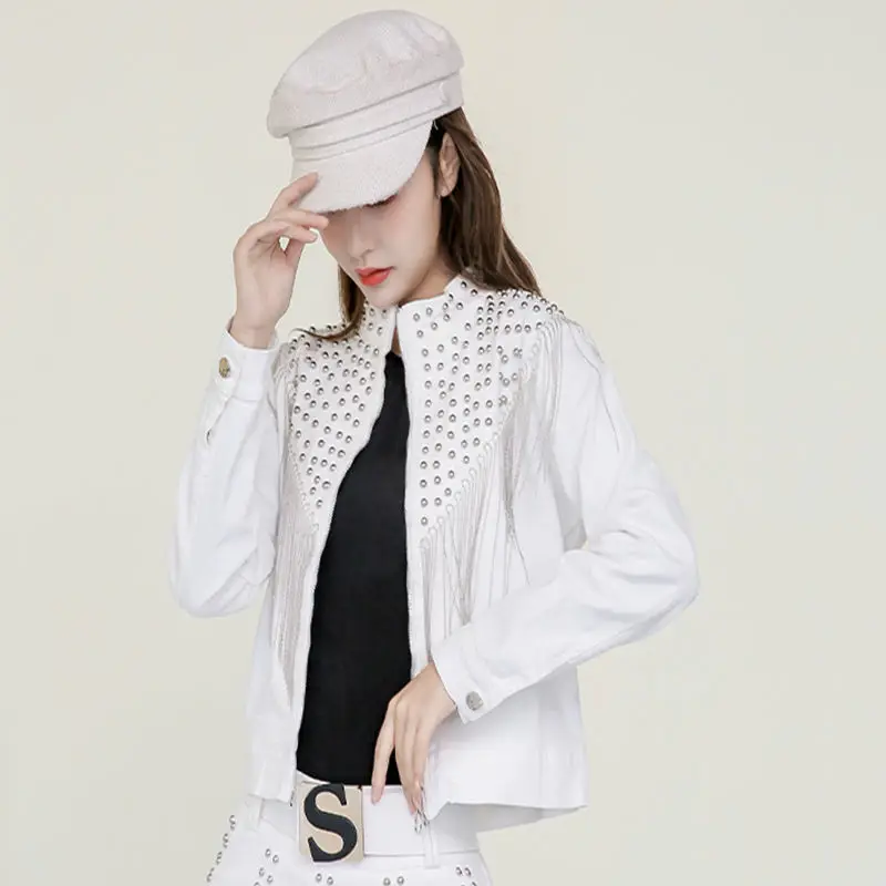 

2021 Spring And Autumn New Women's Popular Denim With Tassels And Rivets Korean Style Slim Short Jacket Casaco Feminino