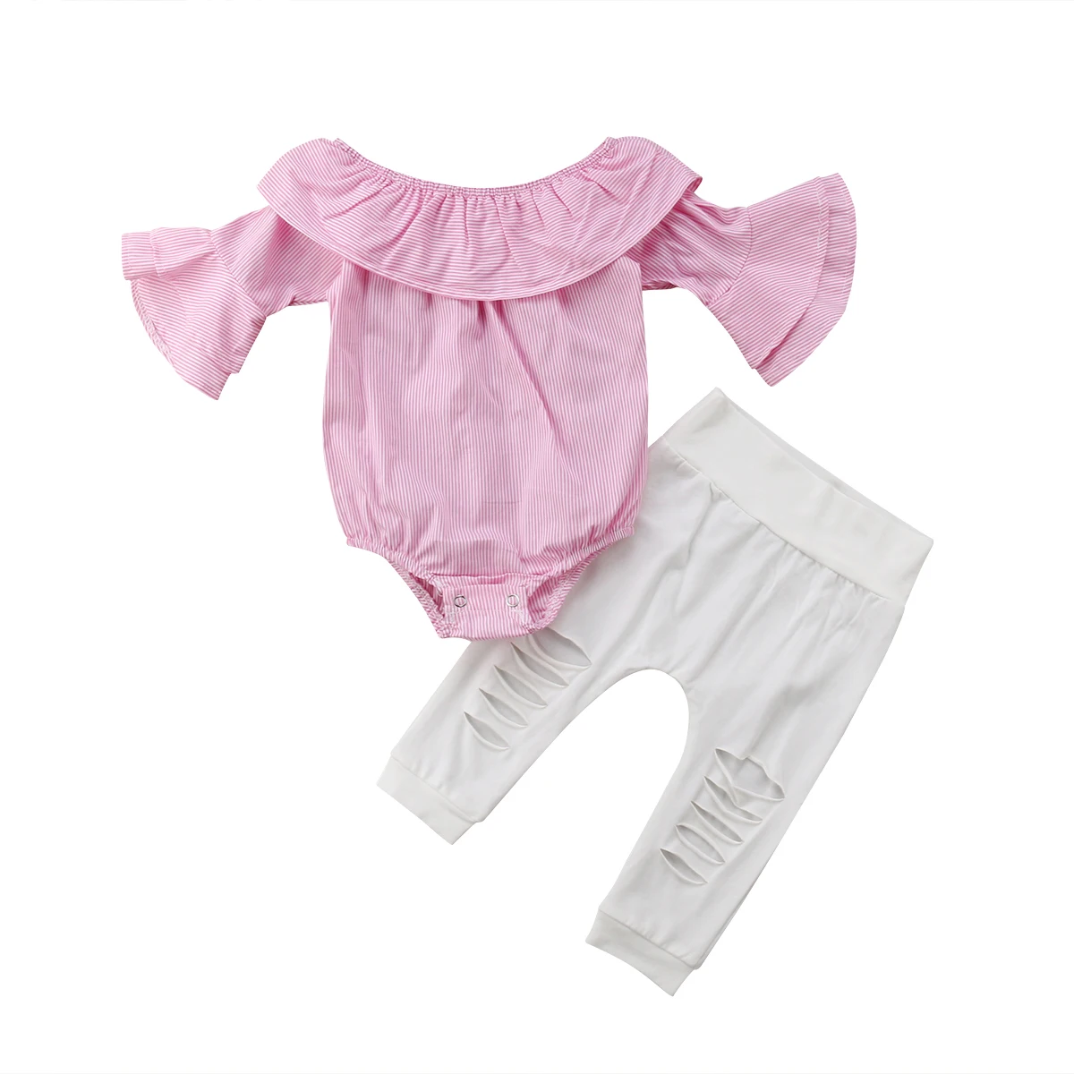 

2020 новорожденных Летний комплект одежды для маленьких девочек в полоску с принтом Ползунки с оборками, топы + брюки с прорезями, 2 шт.; Компле...