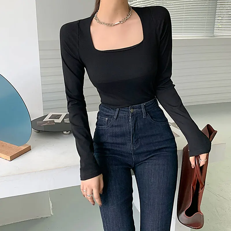 Женская зимняя футболка с длинным рукавом квадратным воротником и