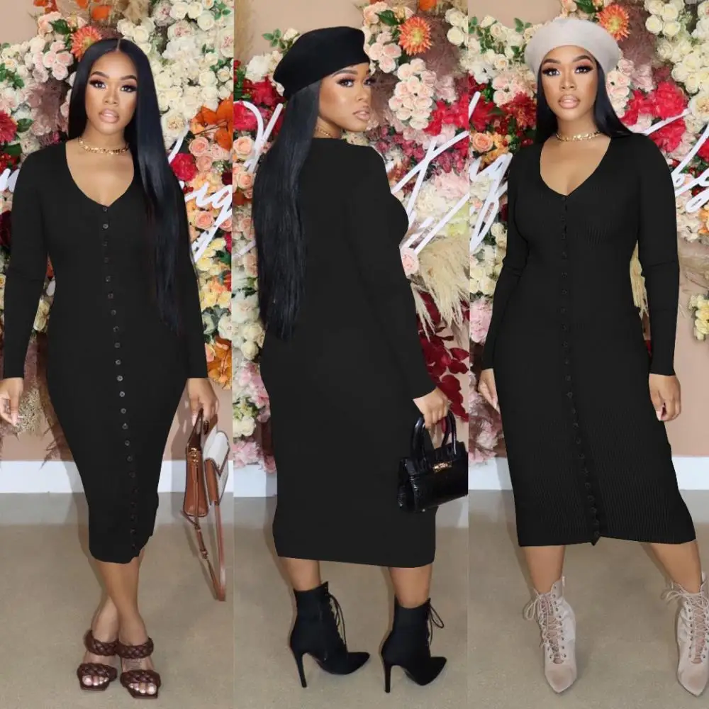 

Single Breasted Office Ladies Elegant Dress Ribbed Knit Sexy V Neck Long Sleeve Midi Maxi Vestidos Casual Button Basic Dresses