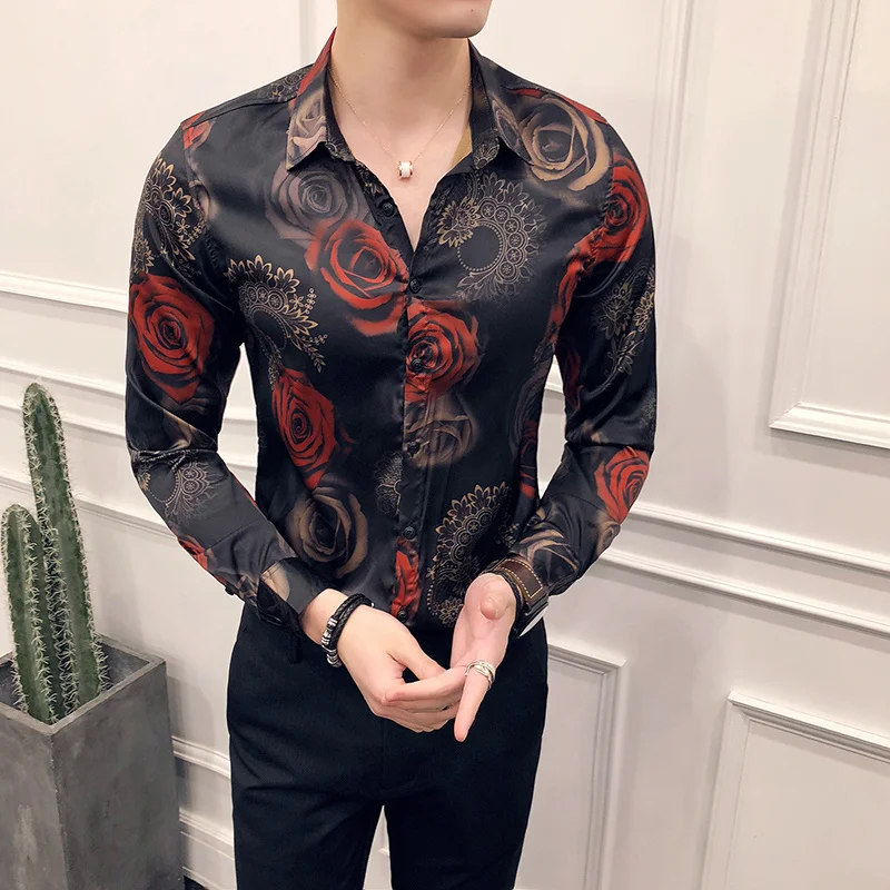

Rose Print Floral Shirt Men Camisa Masculina Slim Fit Hawaiian Shirt Long Sleeve Flower Slim Fit Pron Club Party Shirt