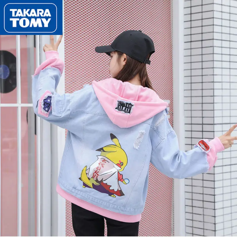

TAKARA TOMY Pokemon Ladies Fashion New 2021 Cute Cartoon Ripped Fake Two-piece Jacket Simple Comfortable Loose Denim Jacket