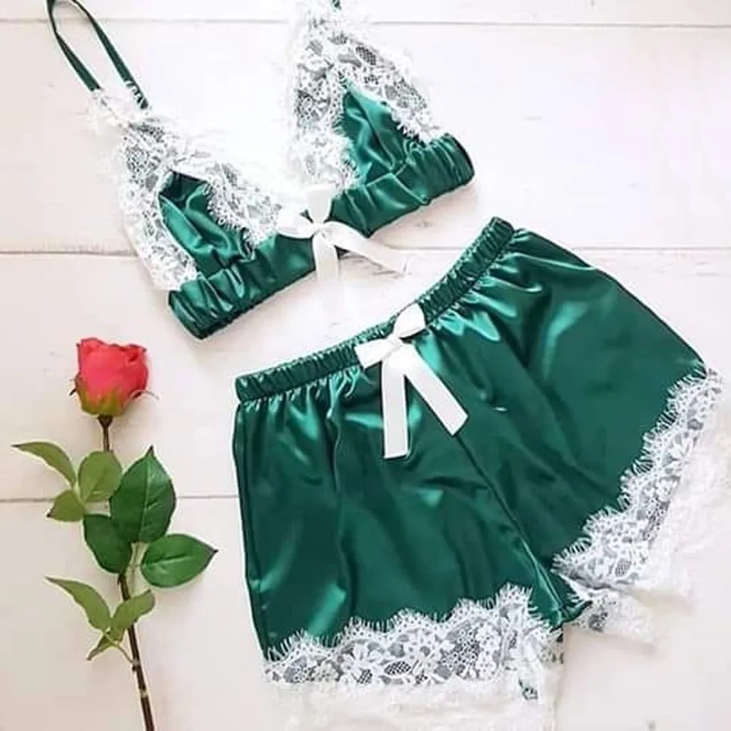 Пикантный пижамный комплект для женщин кружевной бюстгальтер с цветами шорты