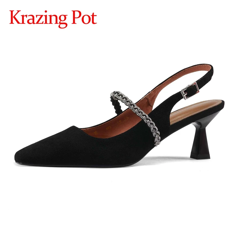 

lenkisen sheep suede square toe high heel strange style energy diamond simple style dance party buckle straps women pumps L98