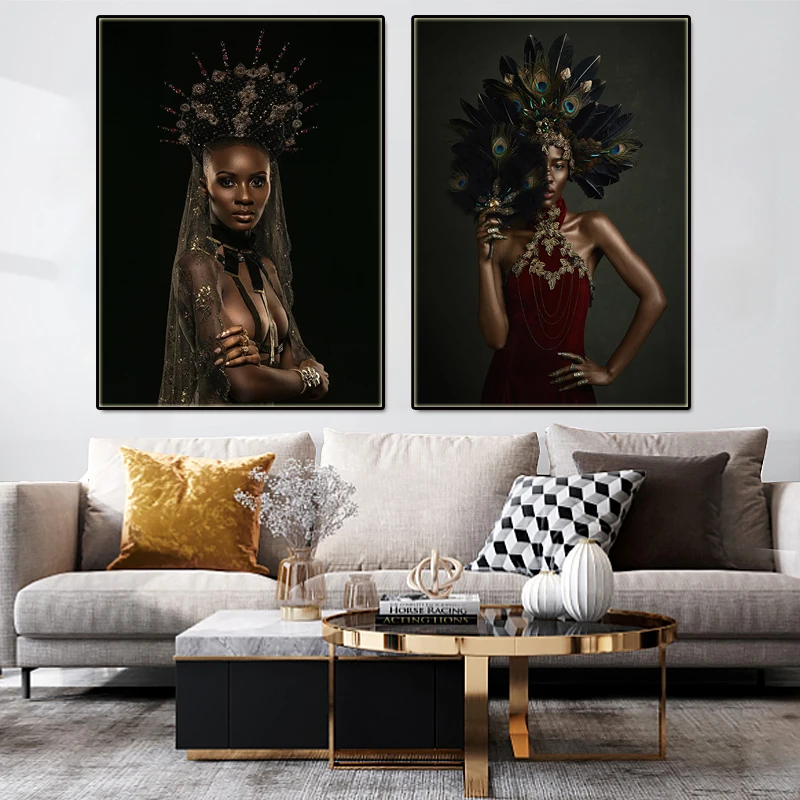 

Modern Abstract African Woman Canvas Painting Feather Crown Lady Prints Poster Figure Wall Art Picture for Living Room Decor