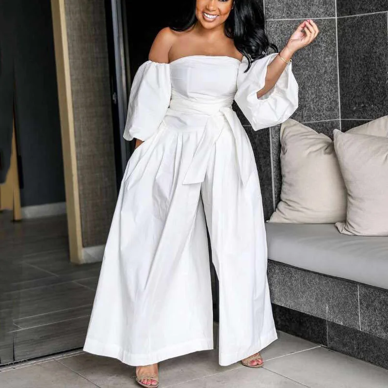 

Elegant White Jumpsuits For Womens High Waisted Off The Shoulder Wide Leg Pants Fashion Causal Evening Night Party Rompers New