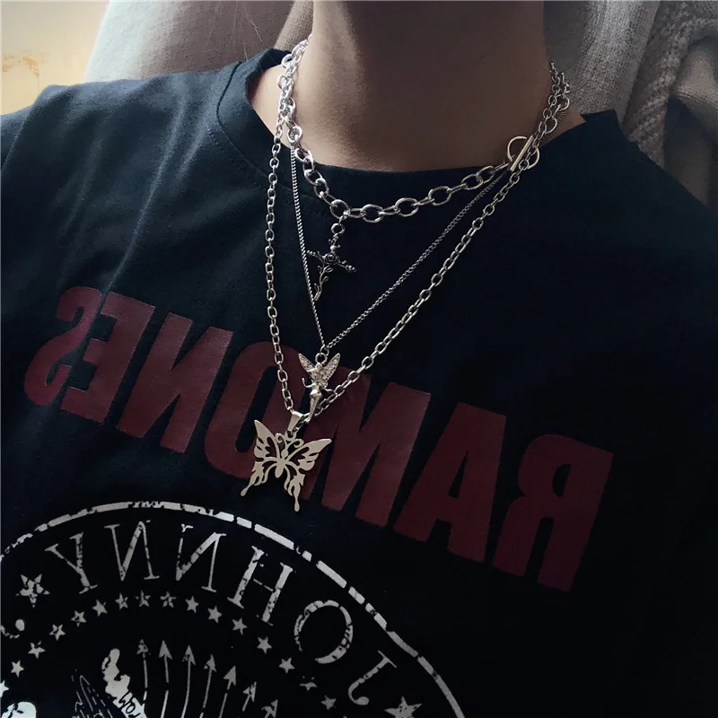 Harajuku многослойное ожерелье крест с ангелами Роза бабочка Япония и Корея хип-хоп ожерелье для женщин и мужчин Панк вечерние ювелирные изделия
