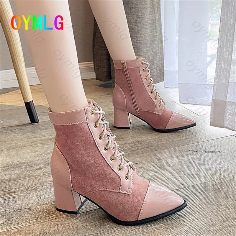 

2021 autumn and winter fashion thick heel stitching stretch boots women's slim fashion plus size British style short boots shoes