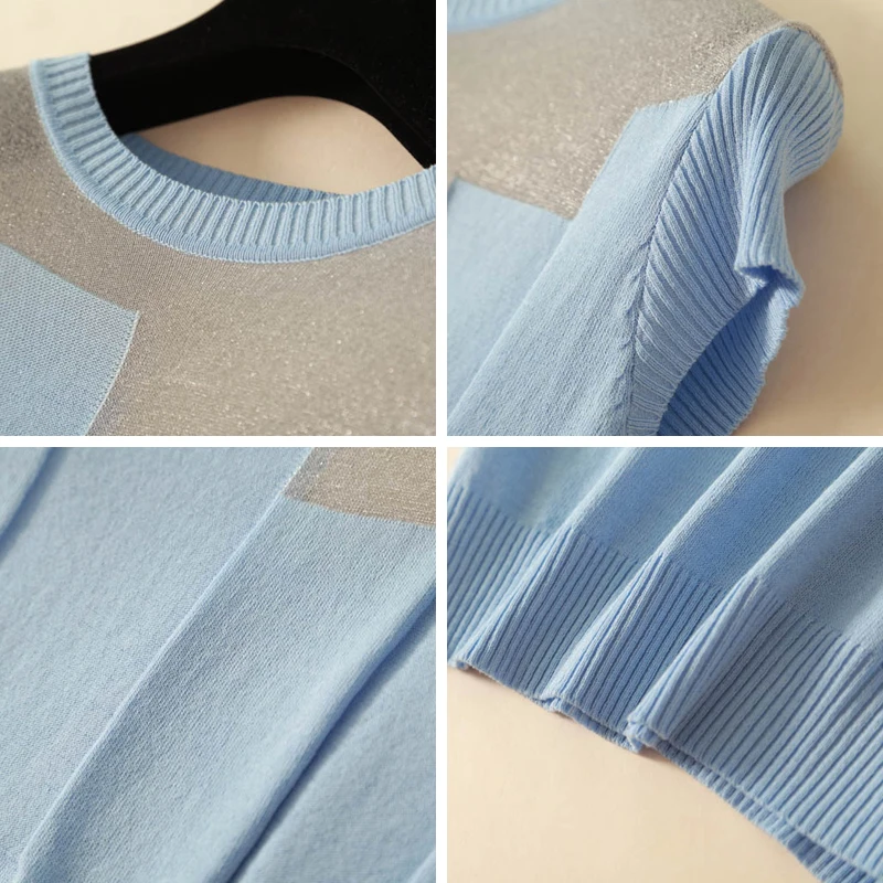 2021 Новая Модная Тонкая Блузка корейский стиль лоскутные Ice Silk вязаные летние топы
